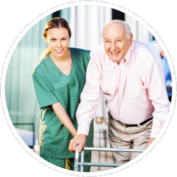 a female caregiver with an elderly man standing